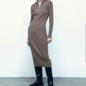 ZARA WOMAN MIDI FITTED RIBBED KNIT DRESS WITH ZIP MINK BROWN HIGH COLLAR Size M